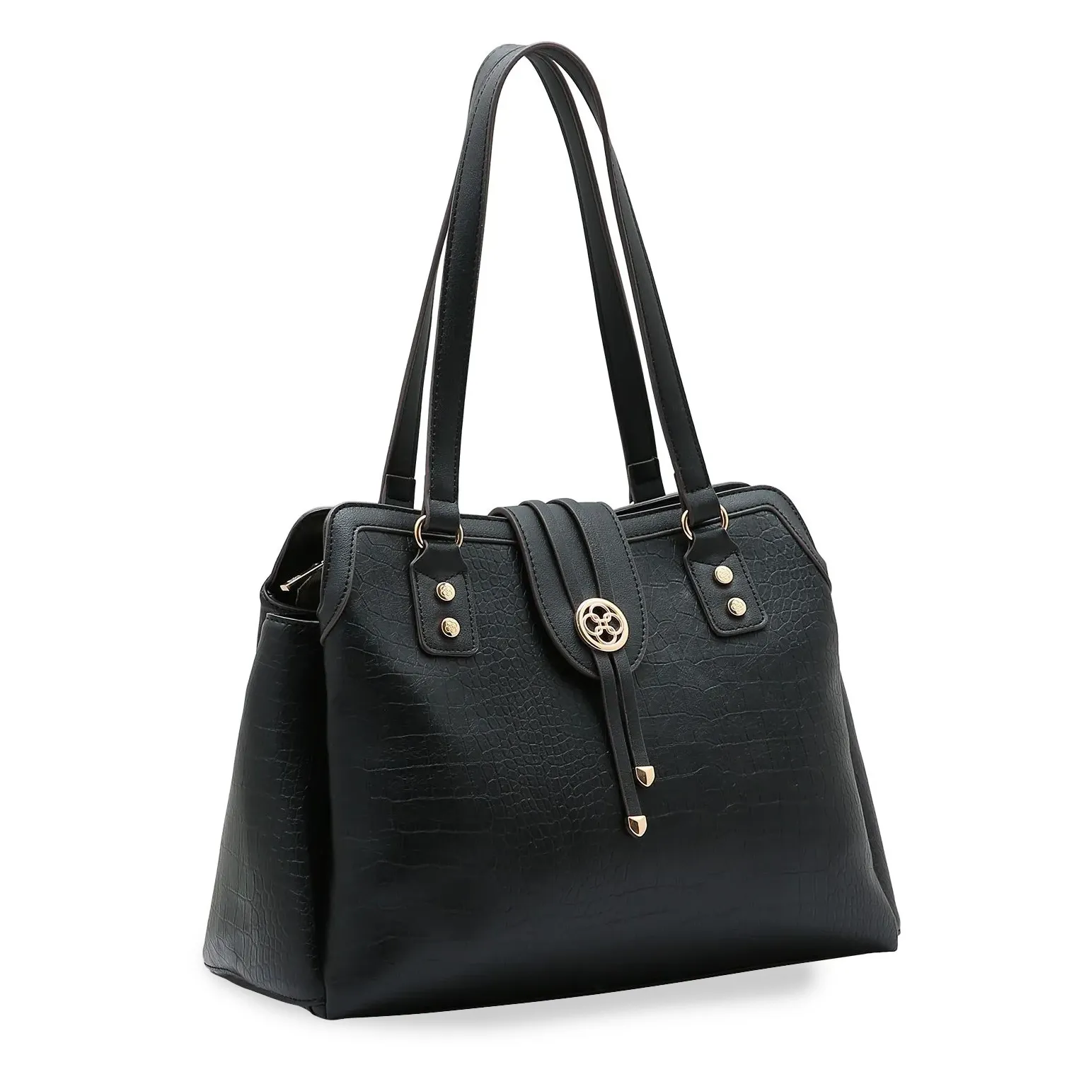 Bolsa feminina preta Chenson Mini Croco Tote vista frontal lateral com textura croco e detalhes dourados
